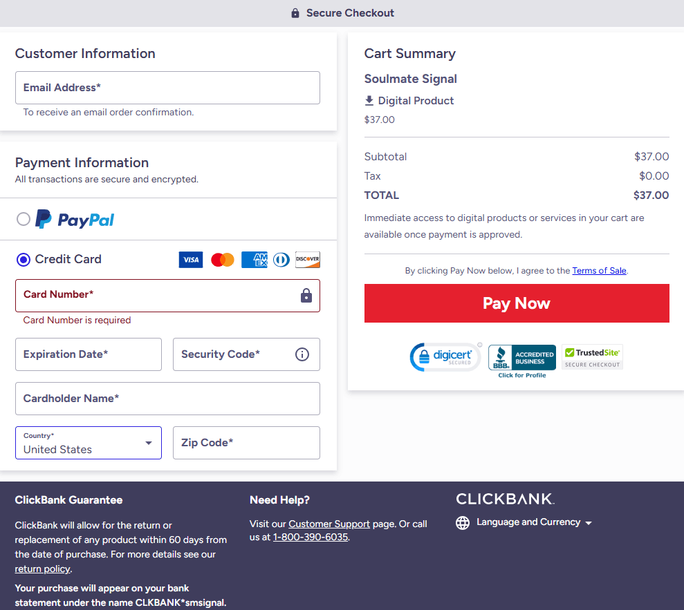 The Soulmate Signal checkout page 